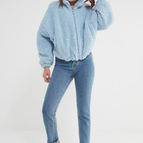 light blue fuzzy jacket